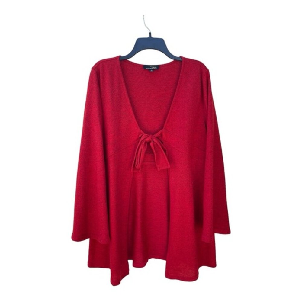 Suzanne Betro Red V-neck Knitted Tie Front Long Bell Sleeve Sweater Sz XL